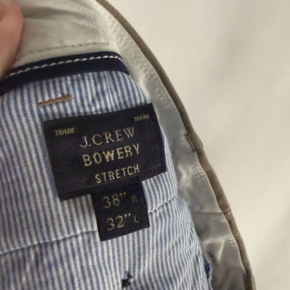 J. Crew Bowery Pants Men's 38x32 Khaki Stretch Flat Front Slash Pockets Slim